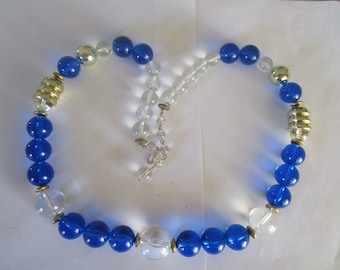 Retro Micd Century Modern Large Blue & Clear Lucite Bead Necklace