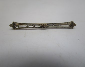 Antique Fancy 10K White & Yellow Gold Bar Pin with Small Diamond