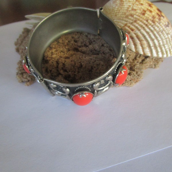 Wide Fancy Hinged Bangle Bracelet with Coral Glass Stones