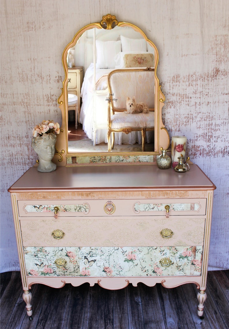 Blush Pink Antique Dresser With Mirror: Shabby Chic Cottage Style - Etsy