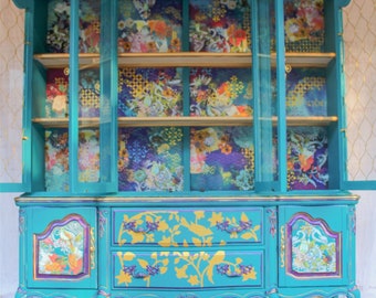 Large Teal Eclectic China Cabinet * Whimsical and Colorful Display Cabinet