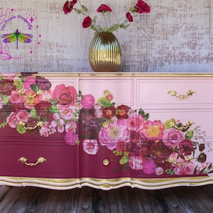 Soft Pink and Plum French Provincial Dresser * Painted Floral Triple Dresser *Unique Pink Dresser with Floral Design