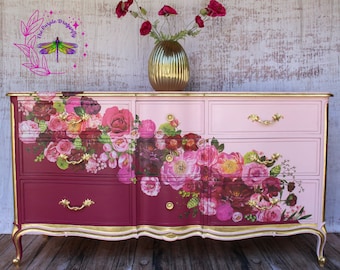 Soft Pink and Plum French Provincial Dresser * Painted Floral Triple Dresser *Unique Pink Dresser with Floral Design