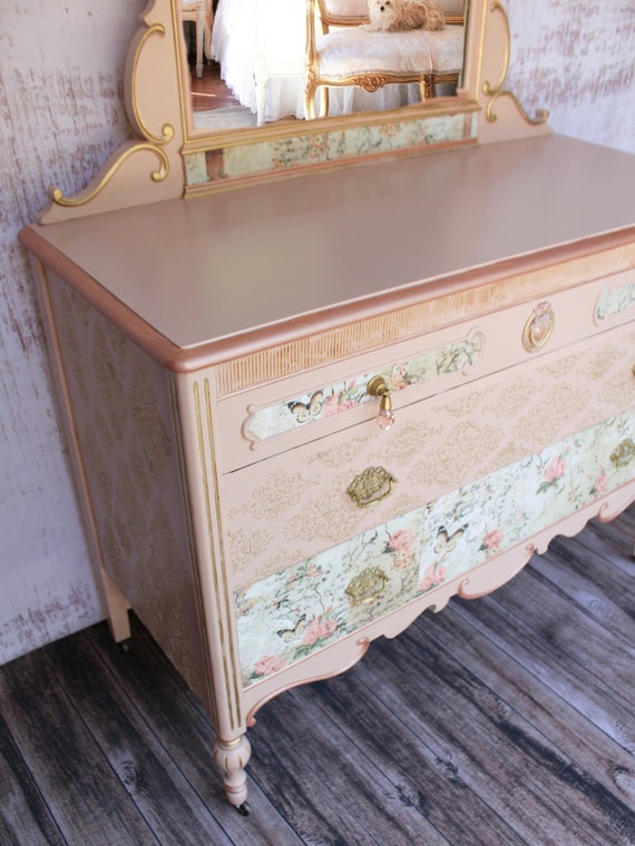 Blush Pink Antique Dresser With Mirror: Shabby Chic Cottage Style - Etsy