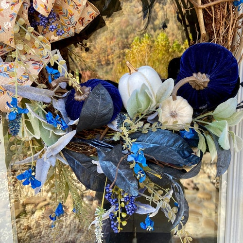Shops The Blues of Fall, Fall Wreath with midnight blue and mauve velvet pumpkins, pastel grapevine Wreath for fall