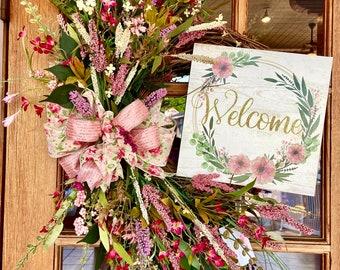 Front Door Welcome Wreath, Pink Welcome Wreath for Spring and Summer, Grapevine Wreath with PinkFlowers and Welcome Sign, All Season Wreath