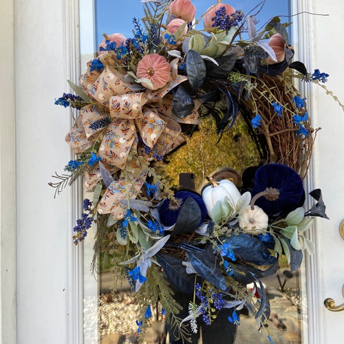 Shops The Blues of Fall, Fall Wreath with midnight blue and mauve velvet pumpkins, pastel grapevine Wreath for fall