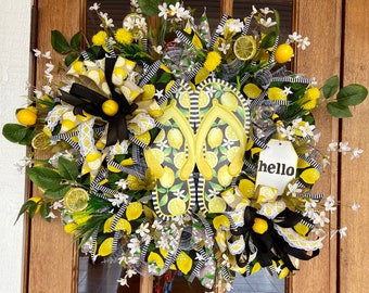 Lemon Wreath, Front Door Wreath, Summer Wreath, Spring Wreath, Lemon and Flowers Wreath, Wreath with Lemons Flip Flops Sign, Lemons Decor