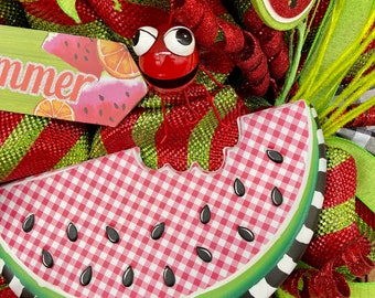 Big and Bold Sweet Summer Watermelon Wreath, Front Door Wreath with Naughty Ant, Spring and Summer Wreath, Wreath with two Signs and Ant
