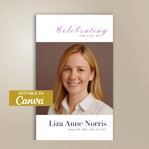 Purple Obituary Template for Woman Canva Editable Funeral Program Memorial Service Template Printable Celebration of Life