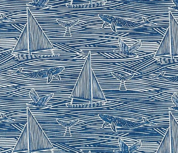 Clarke and Clarke Finn Navy (Whales, Boats) 100% Cotton Panama Fabric 140cms Wide Usage Curtains/Craft/Cushions/Blinds/Light Upholstery