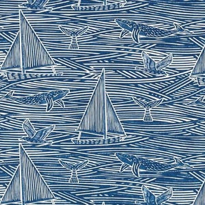 May include: A blue and white patterned fabric with a nautical theme. The pattern features sailboats, whales, seagulls, and waves. The fabric is perfect for quilting, sewing, and crafting.