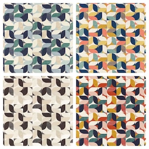 May include: Four fabric swatches with a repeating geometric pattern. Each swatch features a different colour palette: teal, navy, and cream; yellow, blue, and coral; black, brown, and cream; and red, yellow, and blue.