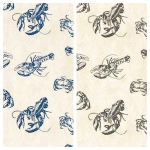 May include: A seamless pattern featuring blue and grey lobsters and crabs on a white background. The lobsters are drawn in a vintage style with detailed claws and antennae. The crabs are drawn in a simpler style with rounded bodies and claws.