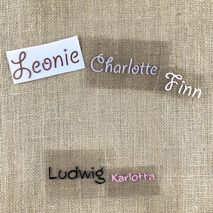 Op de afbeelding: Vier doorzichtige plastic naamstickers met verschillende namen erop geschreven in verschillende kleuren. De namen zijn Leonie, Charlotte Finn, Ludwig en Karlotta.
