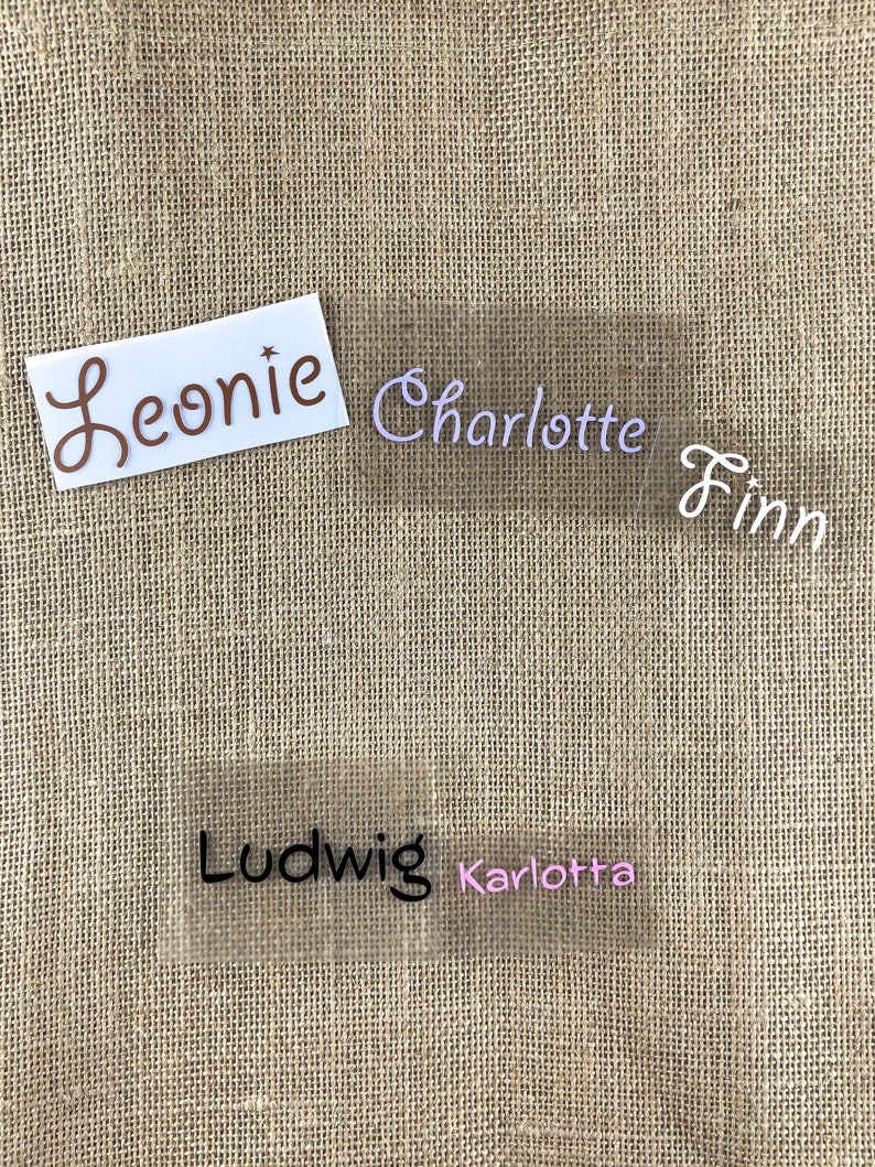 Op de afbeelding: Vier doorzichtige plastic naamstickers met verschillende namen erop geschreven in verschillende kleuren. De namen zijn Leonie, Charlotte Finn, Ludwig en Karlotta.