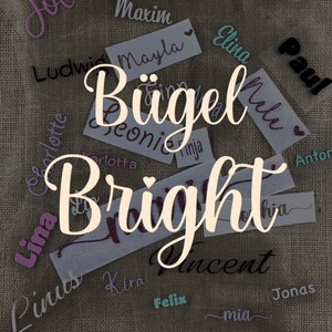 Könnte beinhalten: Eine Sammlung von Bügelbildern mit Namen, darunter Jolina, Maxim, Ludwig, Mayla, Finn, Melina, Elina, Paul, Leonie, Ninja, Lina, Linus, Kira, Felix, Mia, Jonas und Anton. Die Namen befinden sich auf einem Jute-Hintergrund. Die Worte "Bügel Bright" stehen in der Mitte des Bildes.