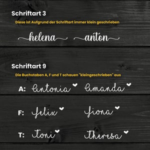 Op de afbeelding: Een zwart-witte afbeelding met instructies over hoe je verschillende lettertypen kunt schrijven. De tekst zegt "Hinweise zu den Schriftarten", wat vertaalt naar "Hints over de lettertypen". De afbeelding toont twee verschillende lettertypen, een met een klein lettertype en een met een groter lettertype. De afbeelding toont ook voorbeelden van hoe de lettertypen eruit zien bij het schrijven van namen.