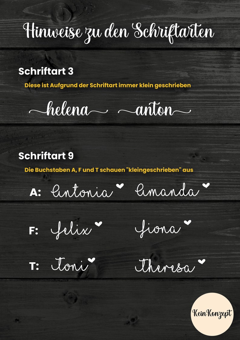 Op de afbeelding: Een zwart-witte afbeelding met instructies over hoe je verschillende lettertypen kunt schrijven. De tekst zegt "Hinweise zu den Schriftarten", wat vertaalt naar "Hints over de lettertypen". De afbeelding toont twee verschillende lettertypen, een met een klein lettertype en een met een groter lettertype. De afbeelding toont ook voorbeelden van hoe de lettertypen eruit zien bij het schrijven van namen.