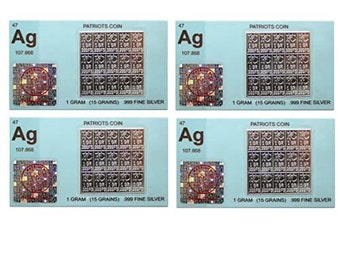 May include: Four silver Patriots Coin collectible cards. Each card features a silver coin with a Patriots logo, the words "Patriots Coin", and the text "1 gram (15 grains) 999 fine silver".