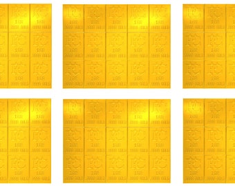 May include: A close-up of 18 gold bars, each with the inscription "1 oz 999.9 Fine Gold" and the number "100" on the front. The bars are arranged in a grid pattern.