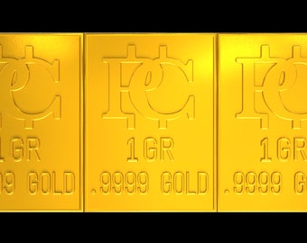 May include: Three gold bars with the inscription "1 GR .9999 GOLD" on each bar.