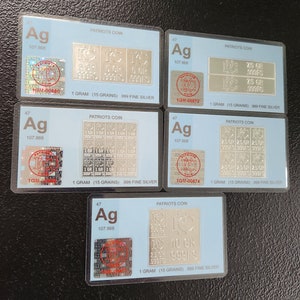 5 Pack Pure Silver Bars 1 Gram each in protective sleeve with C.O.A. Silver Bullion