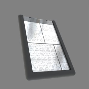 May include: A silver bar display with a variety of silver bars. The bars are labeled with their weight in grams and purity. The display is made of a black frame.