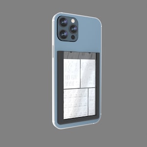 May include: A light blue phone case with a clear back panel and a black card holder. The card holder has a silver metallic design with the text "10 GR 9991 S" and "25 GR 9991 S".