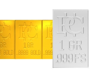 Peut inclure: Trois barres d'or avec l'inscription "1 GR .9999 GOLD" et une barre d'argent avec l'inscription "1 GR .999 FS".