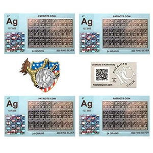 Peut inclure: Quatre lingots de collection Patriots Coin en argent, chacun avec une puret&eacute; de 999 milli&egrave;mes d'argent, 24 grains et un certificat d'authenticit&eacute;. Les lingots pr&eacute;sentent un aigle argent&eacute; avec un logo Patriots Coin sur sa griffe.