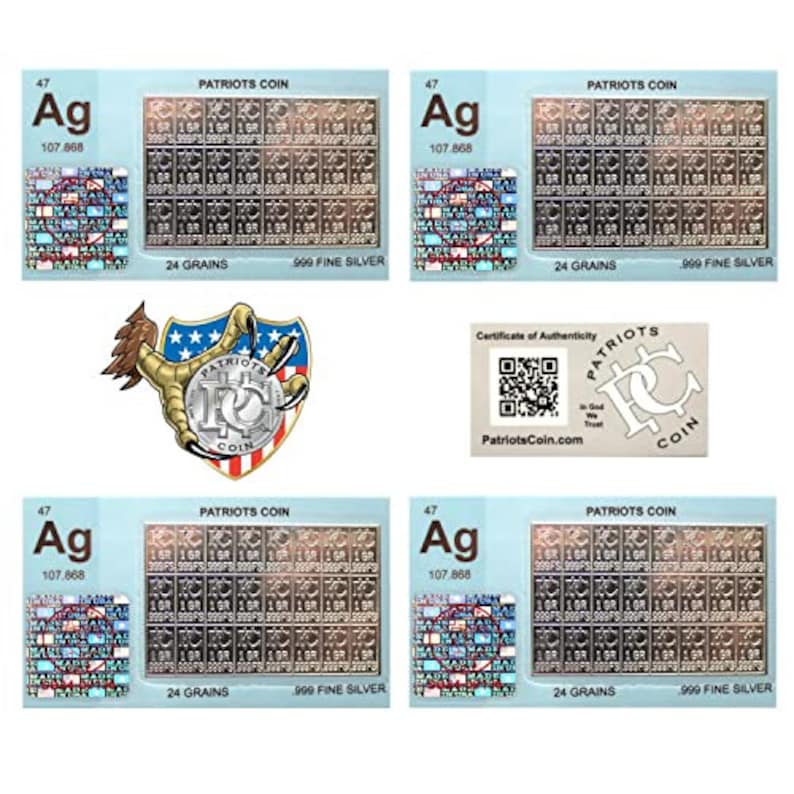 Peut inclure: Quatre lingots de collection Patriots Coin en argent, chacun avec une puret&eacute; de 999 milli&egrave;mes d'argent, 24 grains et un certificat d'authenticit&eacute;. Les lingots pr&eacute;sentent un aigle argent&eacute; avec un logo Patriots Coin sur sa griffe.