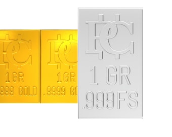 Peut inclure: Deux barres d'or avec le symbole Bitcoin et le texte "1 GR .9999 GOLD" et une barre d'argent avec le symbole Bitcoin et le texte "1 GR .999 FS"