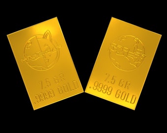 May include: Two gold bars with a globe design and the text "7.5 GR .9999 GOLD" on each bar.