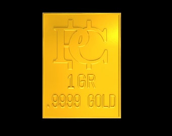 Op de afbeelding: Een gouden staaf met de inscriptie "1 GR .9999 GOLD" en een gestileerd "PC"-logo.