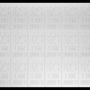 Peut inclure: Une barre de lingot d'argent avec 24 carr&eacute;s, chacun avec une image en relief d'un dollar et le texte "1 GR 999FS".