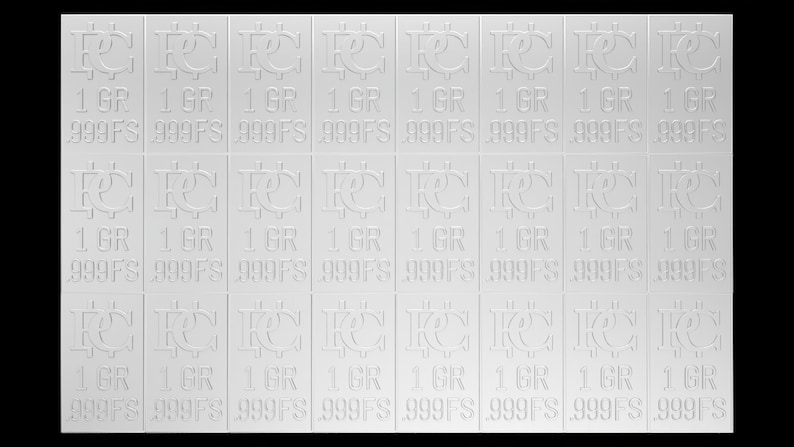 Peut inclure: Une barre de lingot d'argent avec 24 carr&eacute;s, chacun avec une image en relief d'un dollar et le texte "1 GR 999FS".