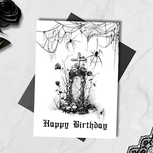 Afdrukbare gotische verjaardagskaart grafsteen, gothic cadeau, spookachtige kaart 5 x 7, wenskaart