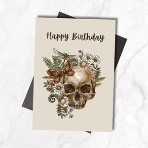 Printable Skull With Flowers Birthday Card, Goth Gift, Gothic Card 5x7, Greeting Card