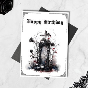 Afdrukbare gotische verjaardagskaart grafsteen, gothic cadeau, spookachtige kaart 5 x 7, wenskaart