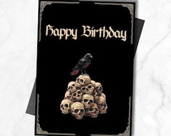 Gothic Raven Birthday Card: Skulls Goth Gift (5x7) (Digital Download)