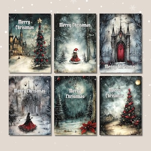 Set van 6 gotische kerstkaarten, afdrukbare wenskaarten van 5 x 7, kit voor het maken van gothic-kaarten, bundel