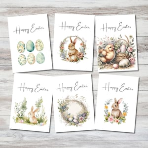 Cartões de Páscoa em aquarela para impressão - Conjunto de 6, Cartão de Páscoa fofo - 5 x 7 pol.