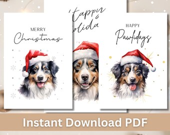 Cartões de Natal imprimíveis com estampa de Pastor Australiano, tamanho 5x7, download digital.