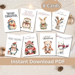 Conjunto de 8 cartões de Natal para impressão com ilustrações em aquarela, cartões de felicitações 5x7, kit para fazer cartões, pacote para download digital