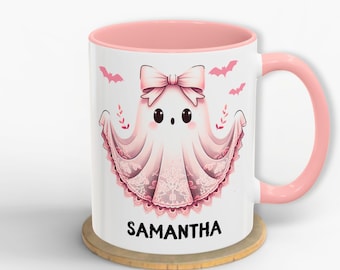 Personalized Halloween Ghost Mug Cute Pink Ghost with Bow Custom Name Coffee Cup Spooky Cute Mug Gift for Her Halloween Drinkware