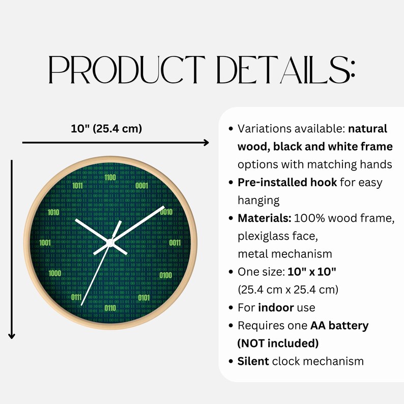 K&ouml;nnte beinhalten: Eine runde Wanduhr mit Holzrahmen und gr&uuml;nem Bin&auml;rcode-Design. Die Uhr hat einen Durchmesser von 25,4 cm und wei&szlig;e Zeiger. Produktdetails sind auf der rechten Seite des Bildes aufgef&uuml;hrt.