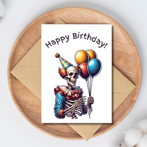 Tarjeta de cumpleaños de payaso gótico divertida, esqueleto imprimible, 5x7, humor negro para fanáticos del terror, descarga instantánea.