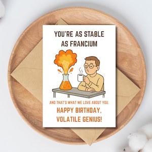 Carte d'anniversaire drôle de chimie, cadeau imprimable science de l'humour de laboratoire pour les nerds, les geeks ou les amis STEM