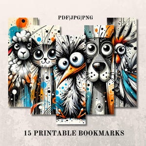 Funny Animals Printable Bookmarks, 15 Whimsical Bookmark Sheets, PNG Bookmarks Bundle